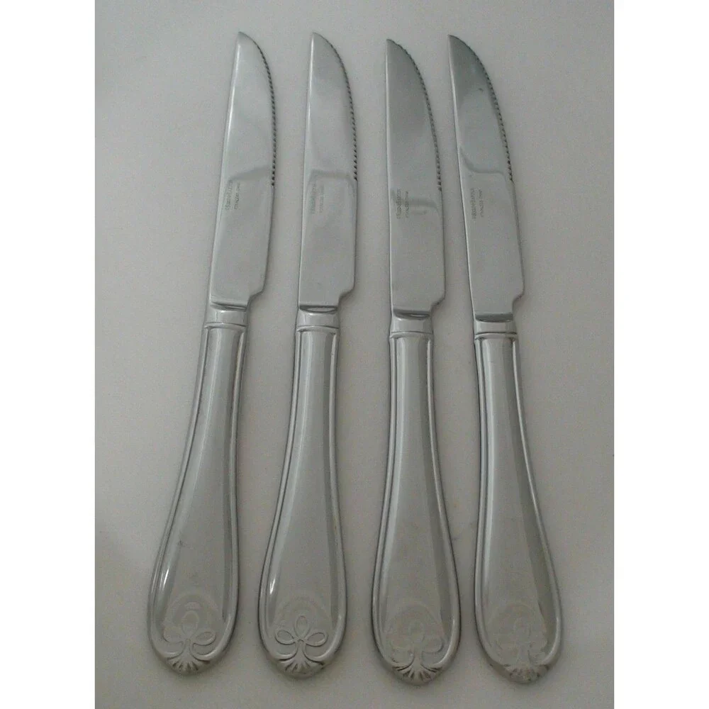 Reed & Barton Ribbon Crest Steak Knives‎ 18/10 Stainless Steel Flatware Lot of 4